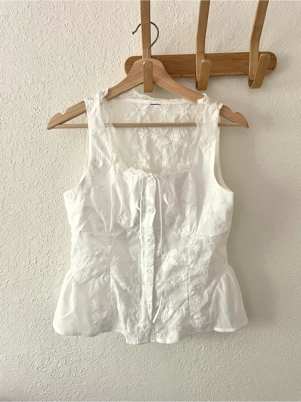 Women’s S White Lace Square Neck Coquette Floral Bustier Corset Blouse with Bow